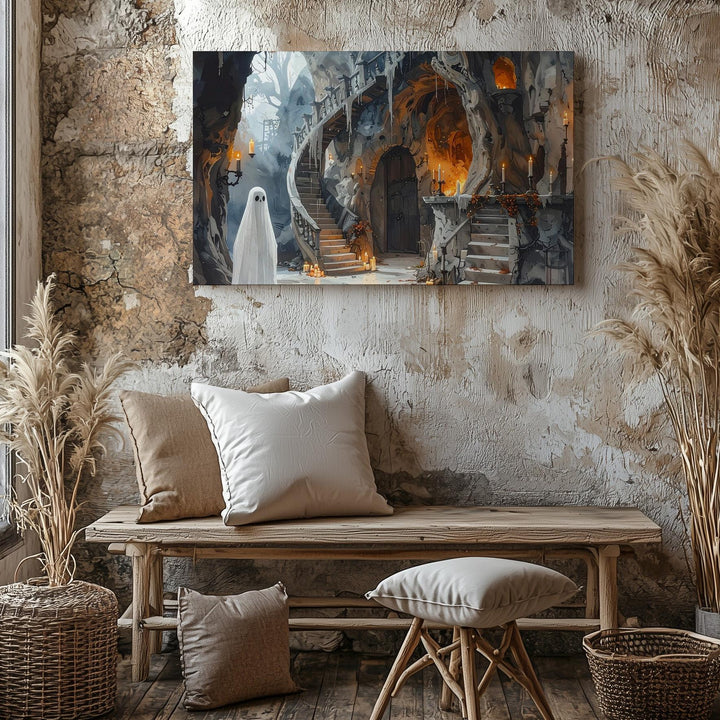 Ghost in Tree Chamber Canvas – Enchanted Halloween Woodland Hideaway Art - Gifitto