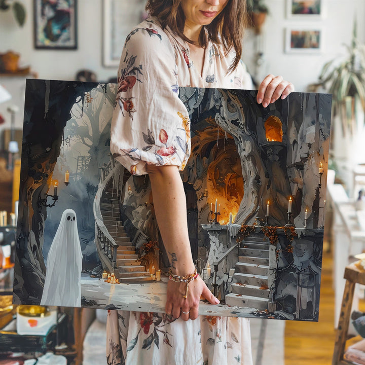 Ghost in Tree Chamber Canvas – Enchanted Halloween Woodland Hideaway Art - Gifitto