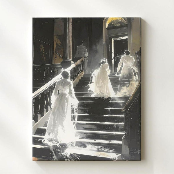 Ghostly Staircase Canvas – Victorian Spirits in Haunted Mansion Scene - Gifitto
