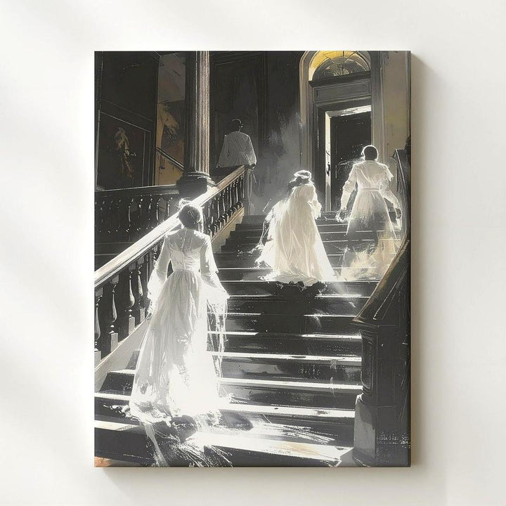 Ghostly Staircase Canvas – Victorian Spirits in Haunted Mansion Scene - Gifitto