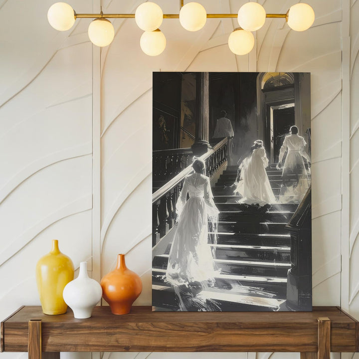 Ghostly Staircase Canvas – Victorian Spirits in Haunted Mansion Scene - Gifitto