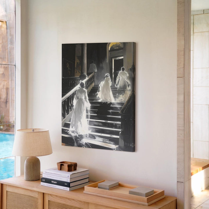 Ghostly Staircase Canvas – Victorian Spirits in Haunted Mansion Scene - Gifitto