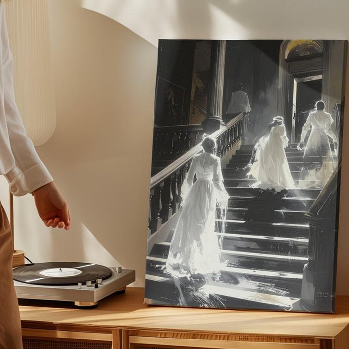 Ghostly Staircase Canvas – Victorian Spirits in Haunted Mansion Scene - Gifitto