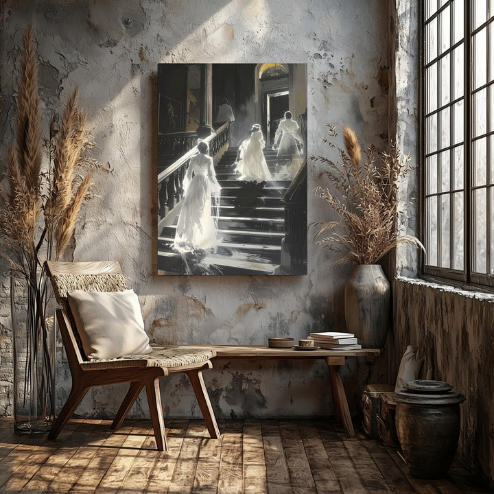 Ghostly Staircase Canvas – Victorian Spirits in Haunted Mansion Scene - Gifitto