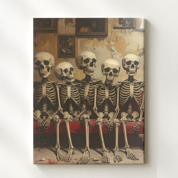 Eternal Waiting Room Canvas – Five Seated Skeletons in Rustic Interior Scene - Gifitto