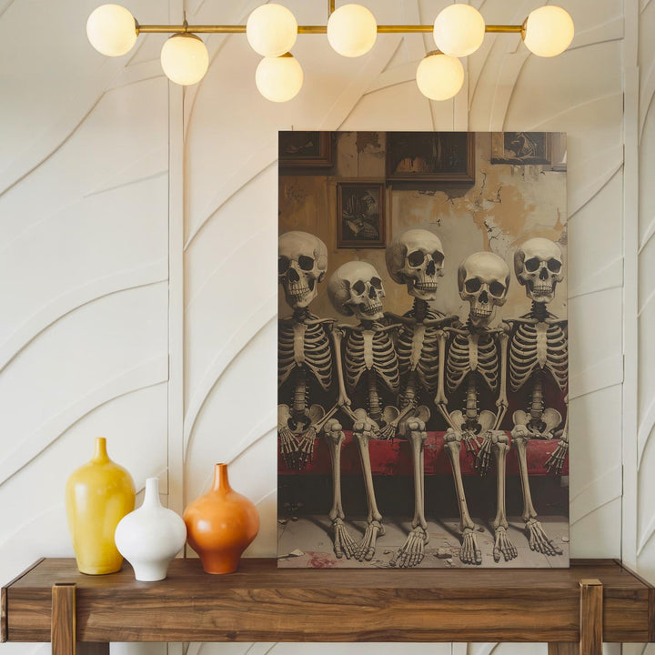 Eternal Waiting Room Canvas – Five Seated Skeletons in Rustic Interior Scene - Gifitto