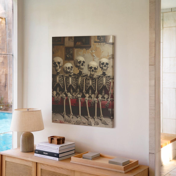 Eternal Waiting Room Canvas – Five Seated Skeletons in Rustic Interior Scene - Gifitto