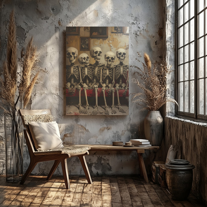 Eternal Waiting Room Canvas – Five Seated Skeletons in Rustic Interior Scene - Gifitto