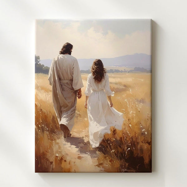 Jesus and Mary Magdalene in Golden Forest Canvas – Spiritual Christian Wall Art of Redemption and Divine Connection - Gifitto