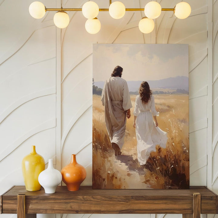 Jesus and Mary Magdalene in Golden Forest Canvas – Spiritual Christian Wall Art of Redemption and Divine Connection - Gifitto