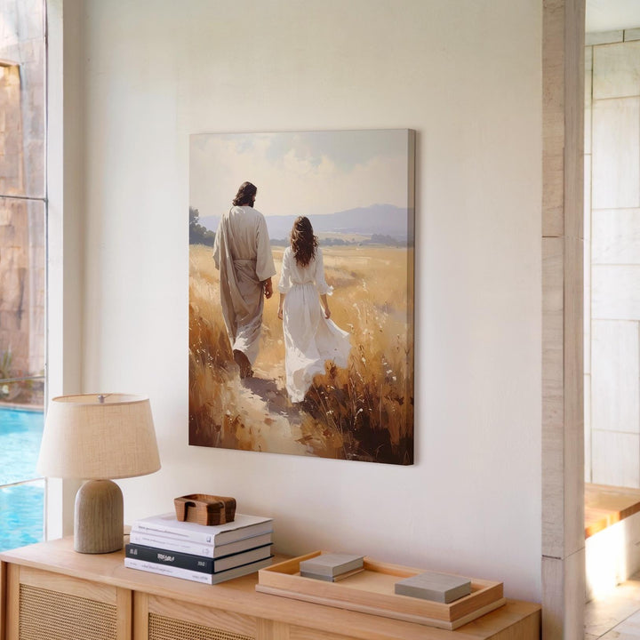 Jesus and Mary Magdalene in Golden Forest Canvas – Spiritual Christian Wall Art of Redemption and Divine Connection - Gifitto