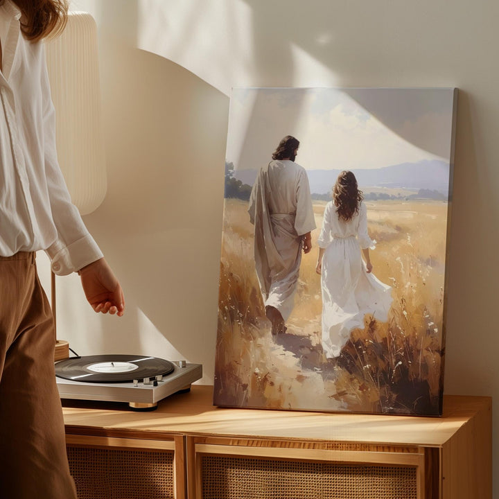 Jesus and Mary Magdalene in Golden Forest Canvas – Spiritual Christian Wall Art of Redemption and Divine Connection - Gifitto