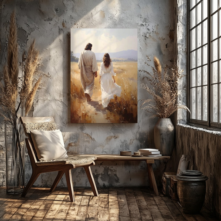 Jesus and Mary Magdalene in Golden Forest Canvas – Spiritual Christian Wall Art of Redemption and Divine Connection - Gifitto