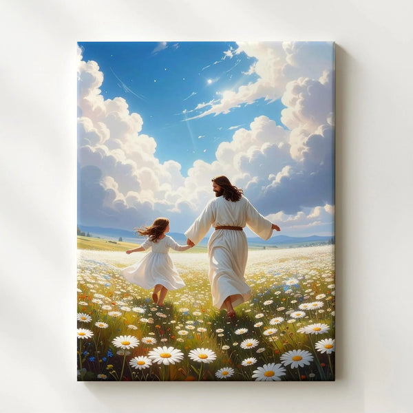 Heavenly Dance Canvas Wall Art – Jesus and Child in a Field of White Blossoms Under Radiant Sky - Gifitto