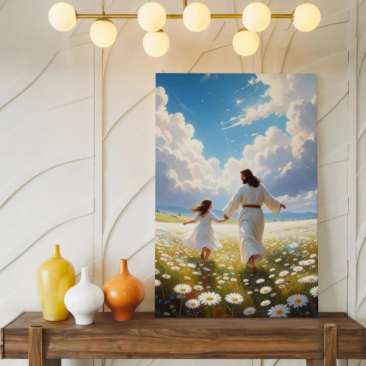 Heavenly Dance Canvas Wall Art – Jesus and Child in a Field of White Blossoms Under Radiant Sky - Gifitto