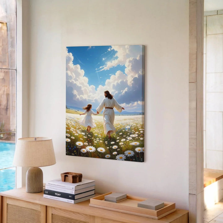 Heavenly Dance Canvas Wall Art – Jesus and Child in a Field of White Blossoms Under Radiant Sky - Gifitto