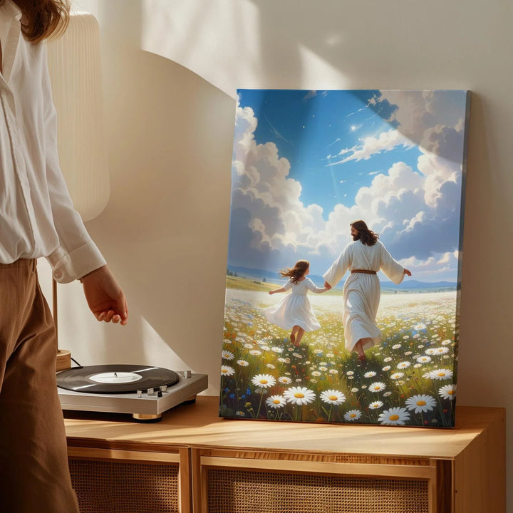 Heavenly Dance Canvas Wall Art – Jesus and Child in a Field of White Blossoms Under Radiant Sky - Gifitto