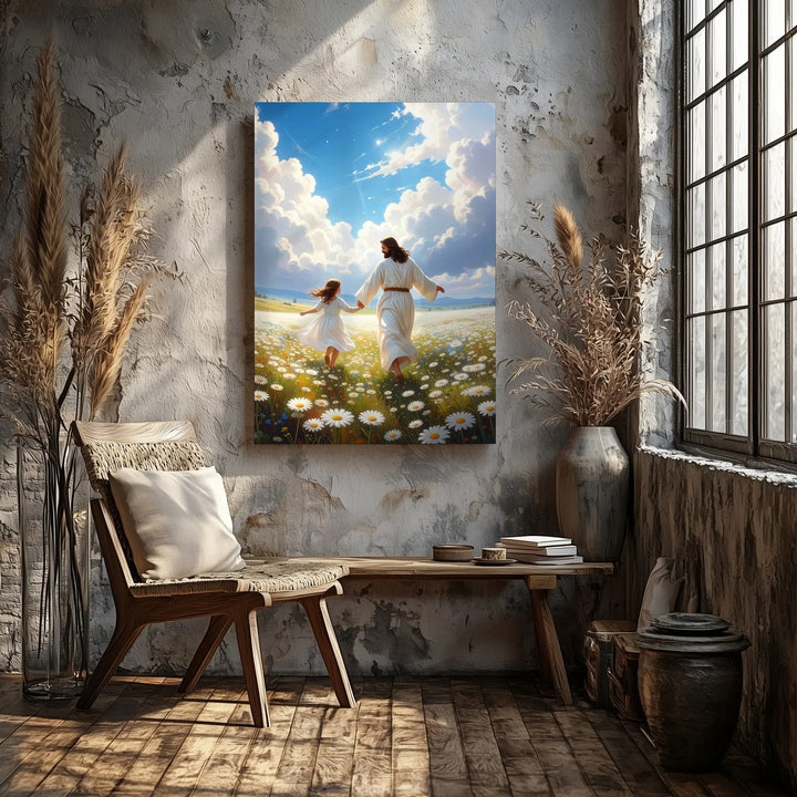 Heavenly Dance Canvas Wall Art – Jesus and Child in a Field of White Blossoms Under Radiant Sky - Gifitto