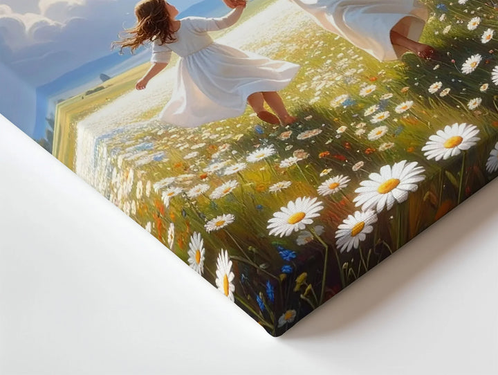 Heavenly Dance Canvas Wall Art – Jesus and Child in a Field of White Blossoms Under Radiant Sky - Gifitto