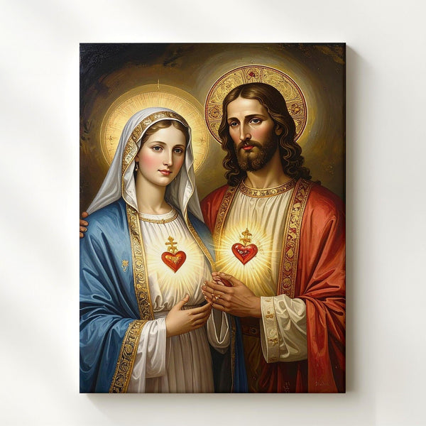 Jesus and Virgin Mary Sacred Hearts Canvas – Classical Catholic Wall Art of Unity and Devotion - Gifitto