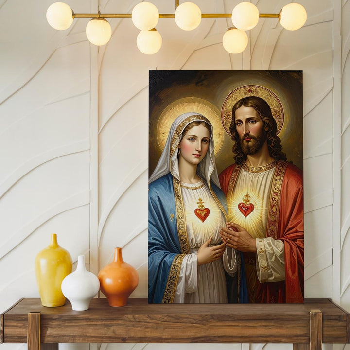 Jesus and Virgin Mary Sacred Hearts Canvas – Classical Catholic Wall Art of Unity and Devotion - Gifitto