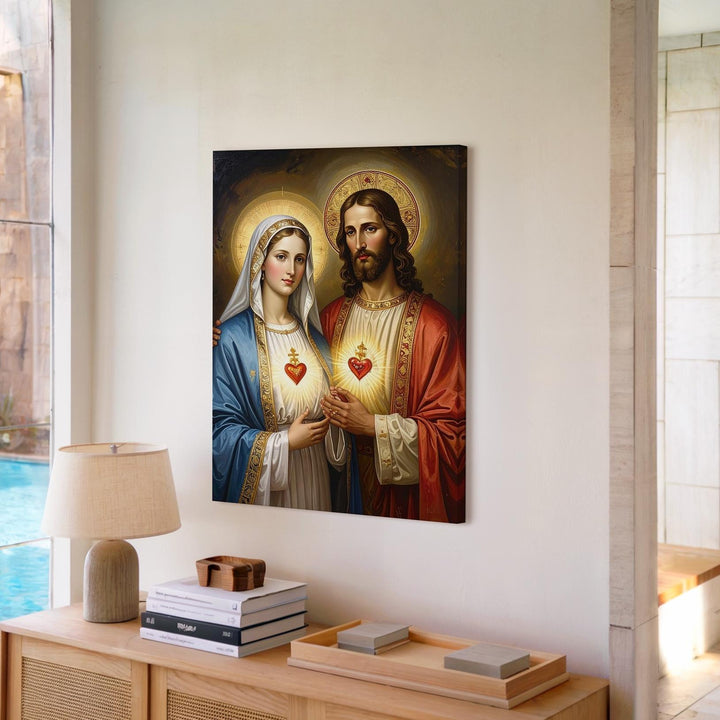 Jesus and Virgin Mary Sacred Hearts Canvas – Classical Catholic Wall Art of Unity and Devotion - Gifitto