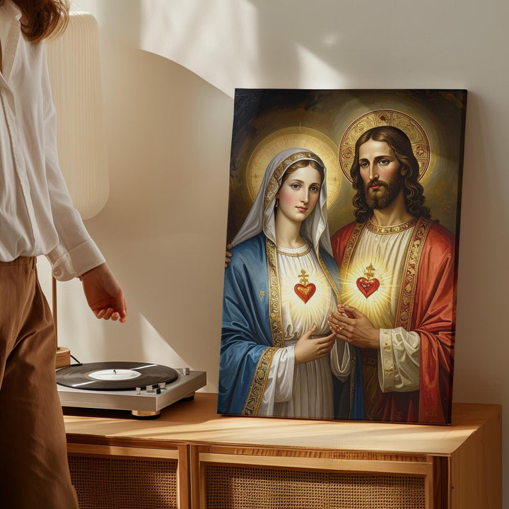 Jesus and Virgin Mary Sacred Hearts Canvas – Classical Catholic Wall Art of Unity and Devotion - Gifitto