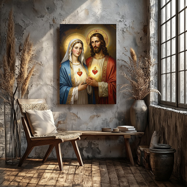 Jesus and Virgin Mary Sacred Hearts Canvas – Classical Catholic Wall Art of Unity and Devotion - Gifitto