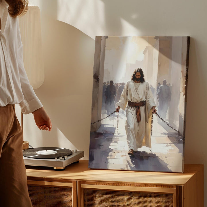 Jesus Led by Chains Canvas – Powerful Christian Wall Art of Sacrifice, Strength, and Divine Stillness - Gifitto