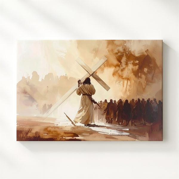 Jesus Carrying the Cross Canvas – Minimalist Watercolor Sacrifice Wall Art - Gifitto