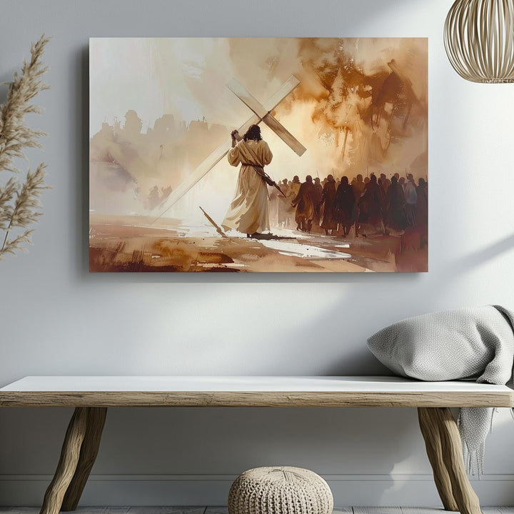 Jesus Carrying the Cross Canvas – Minimalist Watercolor Sacrifice Wall Art - Gifitto