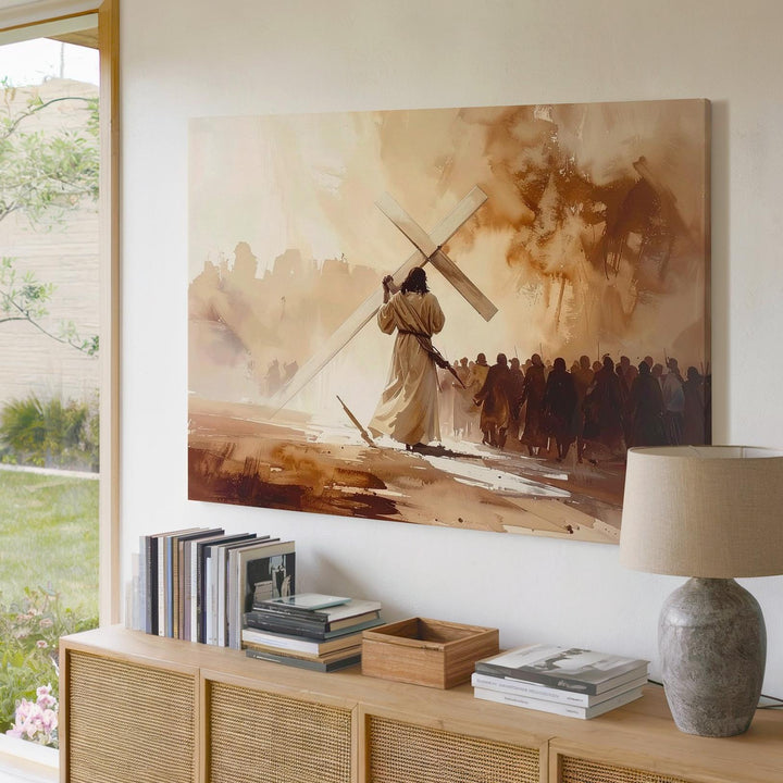 Jesus Carrying the Cross Canvas – Minimalist Watercolor Sacrifice Wall Art - Gifitto