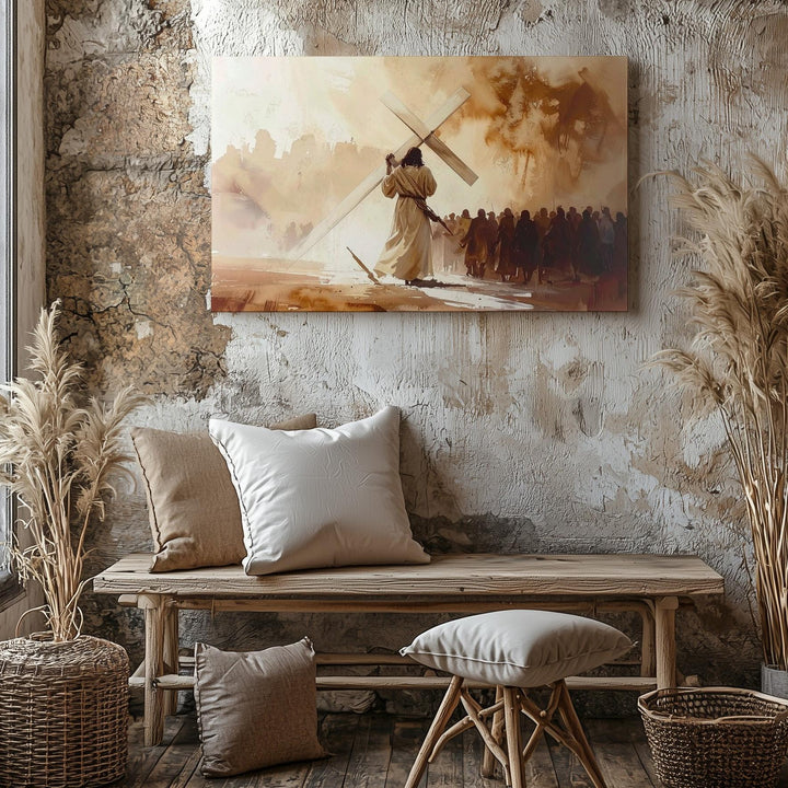 Jesus Carrying the Cross Canvas – Minimalist Watercolor Sacrifice Wall Art - Gifitto