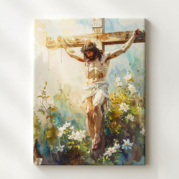 Jesus Crucified with Flowers Canvas – Watercolor Christian Wall Art of Sacrifice and New Life - Gifitto