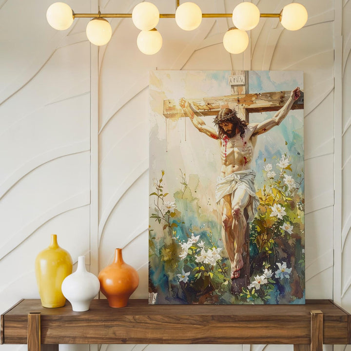 Jesus Crucified with Flowers Canvas – Watercolor Christian Wall Art of Sacrifice and New Life - Gifitto