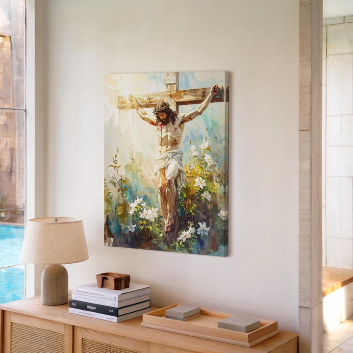 Jesus Crucified with Flowers Canvas – Watercolor Christian Wall Art of Sacrifice and New Life - Gifitto