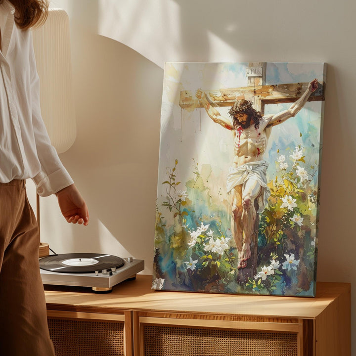 Jesus Crucified with Flowers Canvas – Watercolor Christian Wall Art of Sacrifice and New Life - Gifitto
