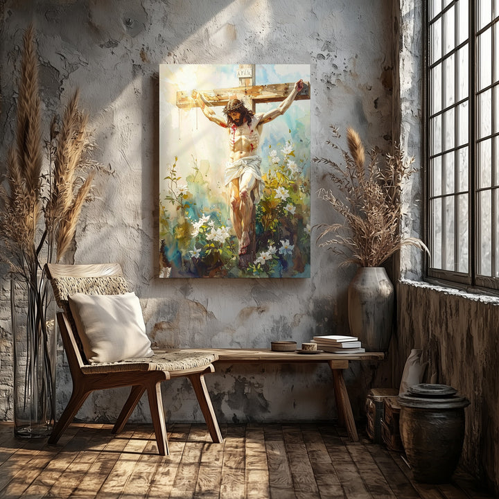 Jesus Crucified with Flowers Canvas – Watercolor Christian Wall Art of Sacrifice and New Life - Gifitto