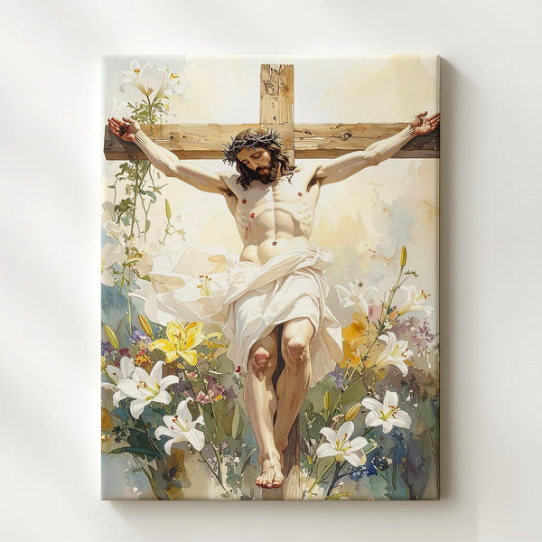 Jesus Crucified with Lilies Canvas – Watercolor Christian Wall Art of Sacrifice and Renewal - Gifitto