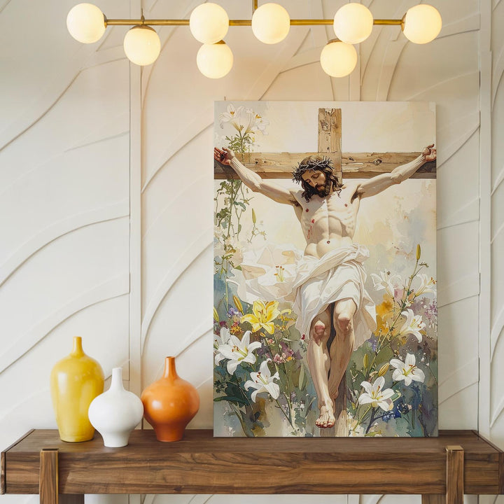 Jesus Crucified with Lilies Canvas – Watercolor Christian Wall Art of Sacrifice and Renewal - Gifitto