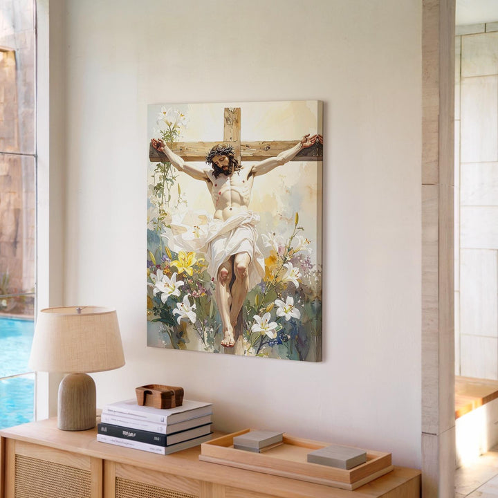 Jesus Crucified with Lilies Canvas – Watercolor Christian Wall Art of Sacrifice and Renewal - Gifitto