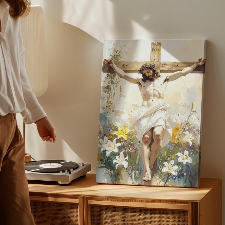 Jesus Crucified with Lilies Canvas – Watercolor Christian Wall Art of Sacrifice and Renewal - Gifitto