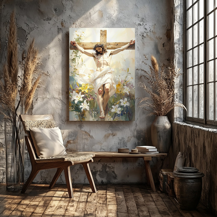 Jesus Crucified with Lilies Canvas – Watercolor Christian Wall Art of Sacrifice and Renewal - Gifitto