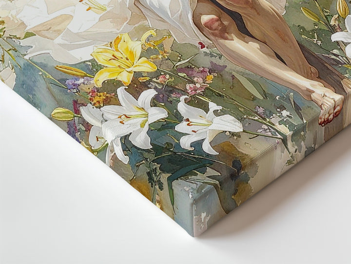 Jesus Crucified with Lilies Canvas – Watercolor Christian Wall Art of Sacrifice and Renewal - Gifitto