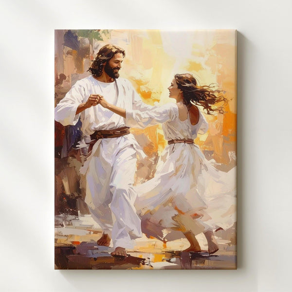 Jesus Dancing with Woman Canvas – Joyful Christian Wall Art of Divine Love and Celebration - Gifitto