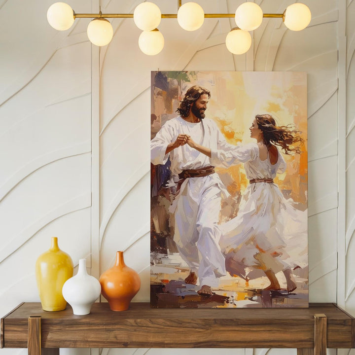 Jesus Dancing with Woman Canvas – Joyful Christian Wall Art of Divine Love and Celebration - Gifitto