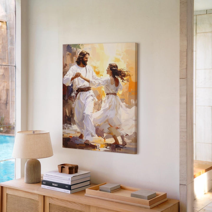 Jesus Dancing with Woman Canvas – Joyful Christian Wall Art of Divine Love and Celebration - Gifitto