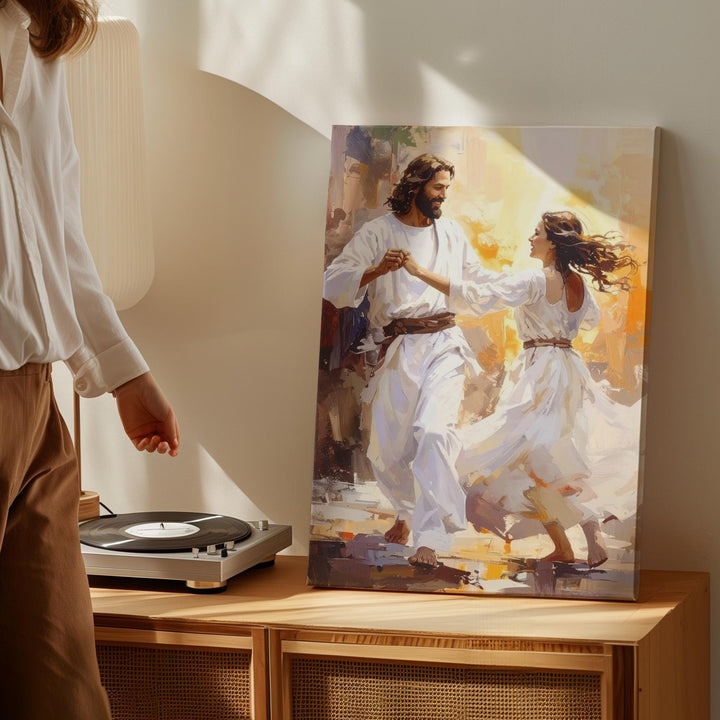 Jesus Dancing with Woman Canvas – Joyful Christian Wall Art of Divine Love and Celebration - Gifitto