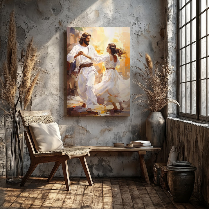 Jesus Dancing with Woman Canvas – Joyful Christian Wall Art of Divine Love and Celebration - Gifitto