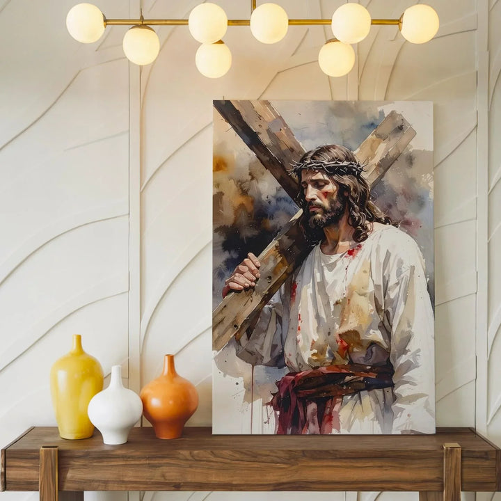 Jesus Carrying the Cross Canvas – Powerful Christian Wall Art of Sacrifice and Redemption - Gifitto